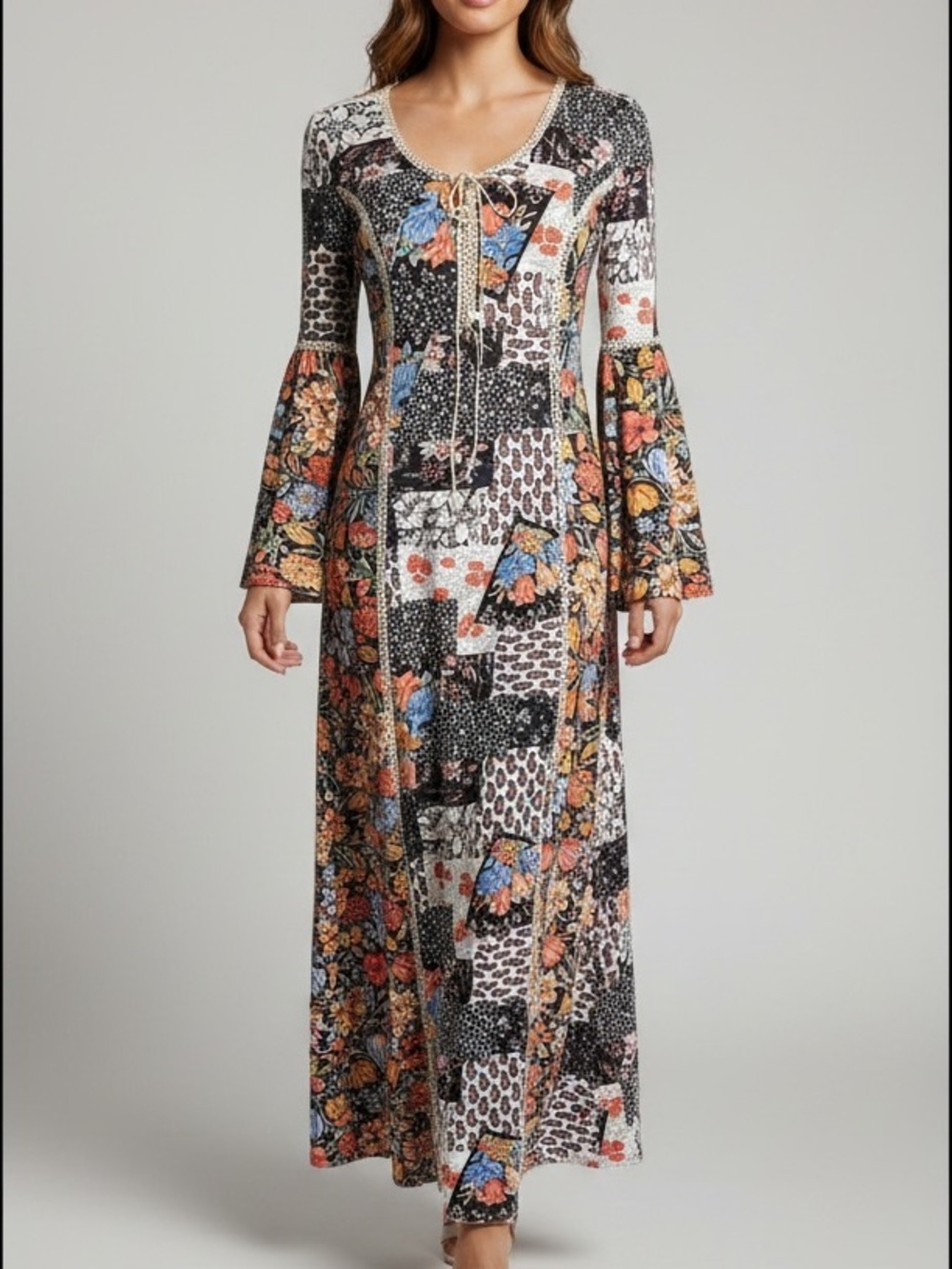 True Vintage Floral Patchwork Maxi Dress Black, Blue, Orange Mixed Pattern